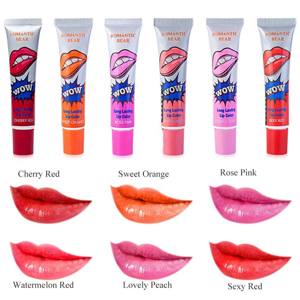 Six tubes of Romantic Bear peel-off lip stains shown with their corresponding color swatches on lips.