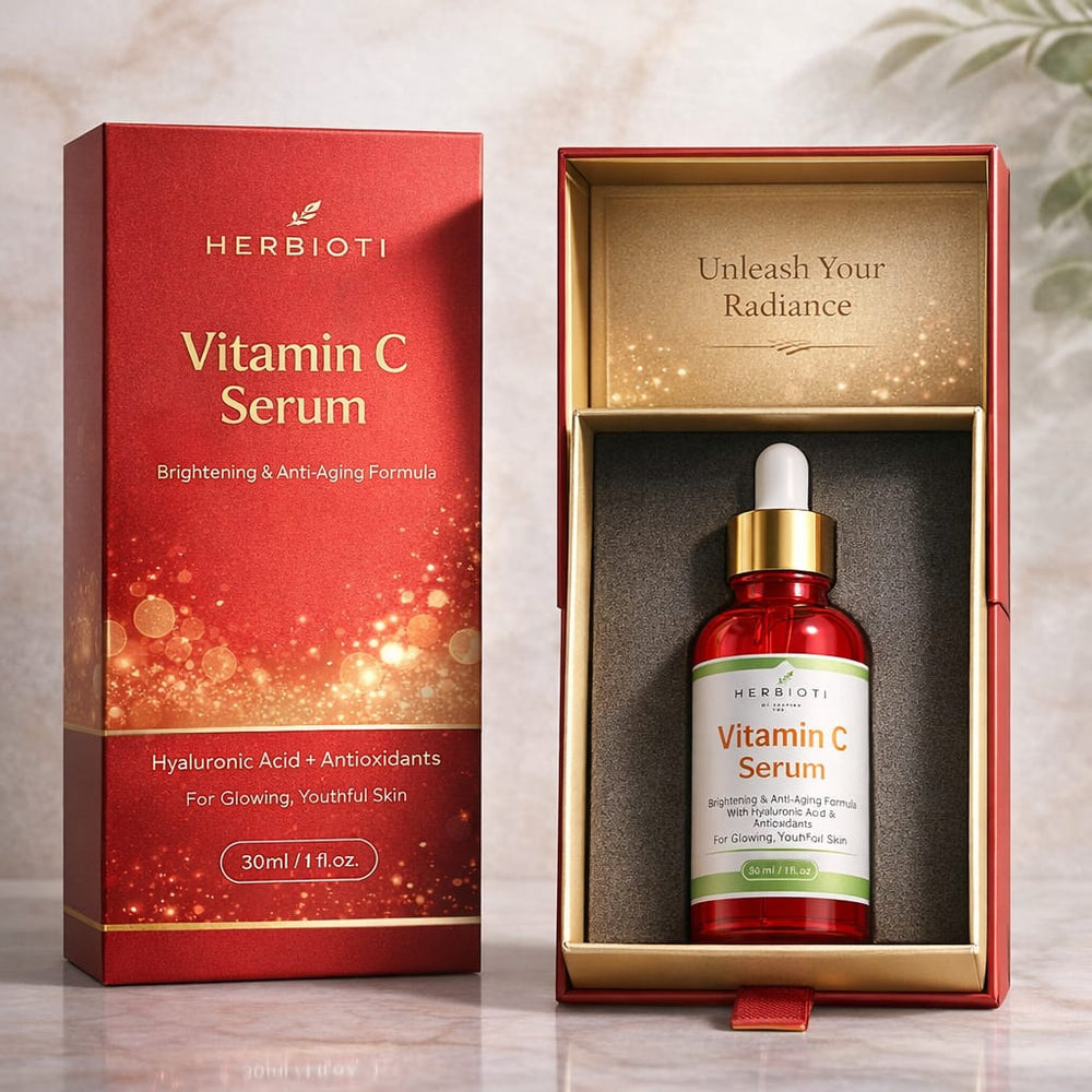 Herbioti Vitamin C Serum in a 30ml red glass dropper bottle next to its matching red and gold box.