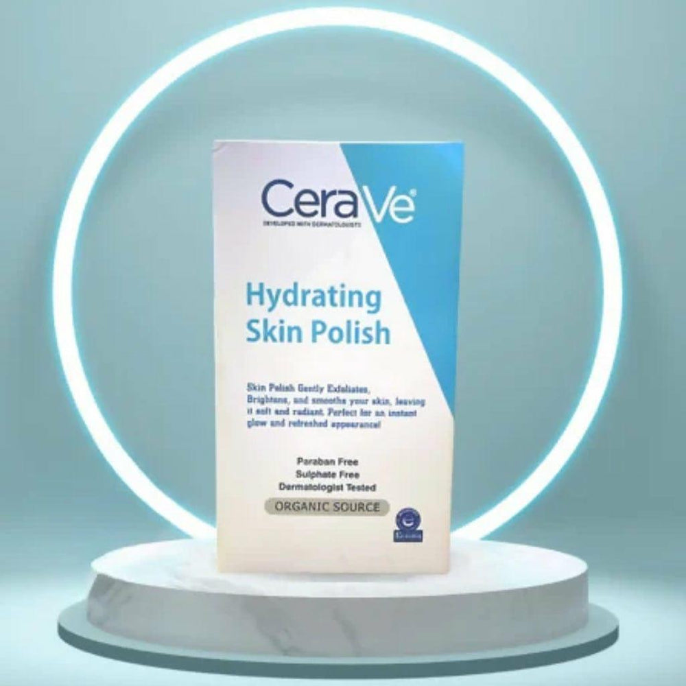 CeraVe Hydrating Skin Polish box displayed on a white pedestal within a glowing circular light.