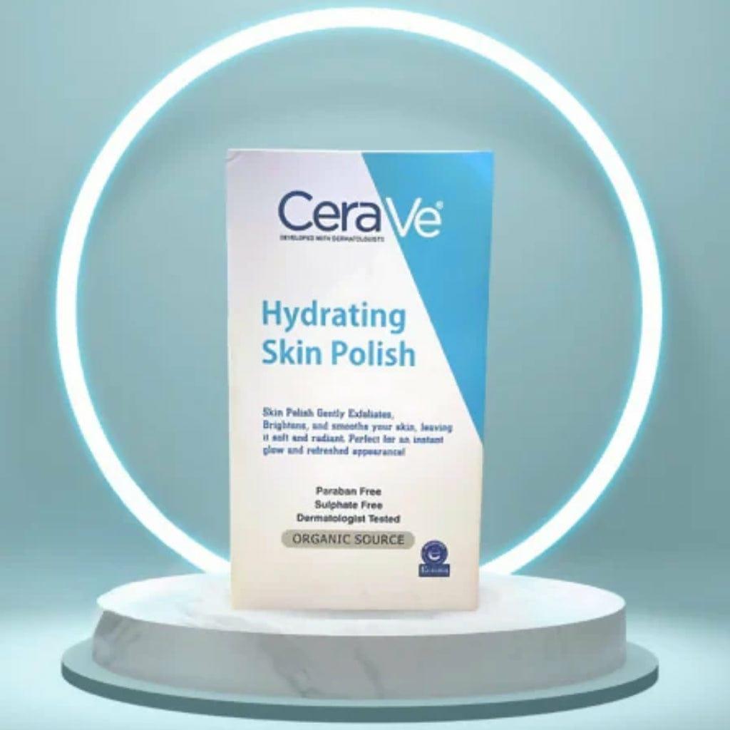 CeraVe Hydrating Skin Polish box displayed on a white pedestal within a glowing circular light.