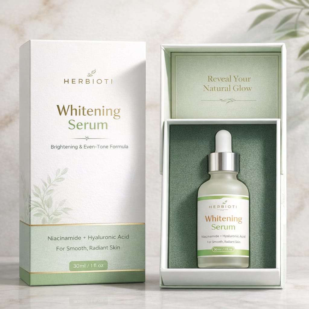 Herbioti Whitening Serum in a 30ml dropper bottle next to its white and green display box.
