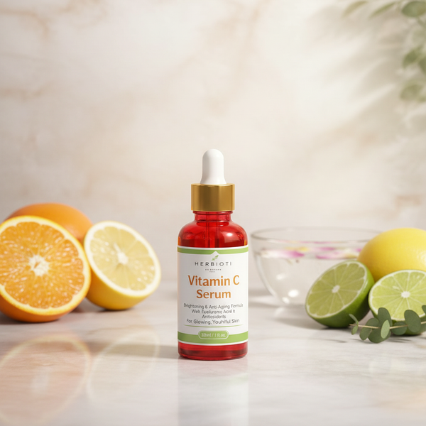 Herbioti Vitamin C Serum 30ml in fresh spa setting with citrus